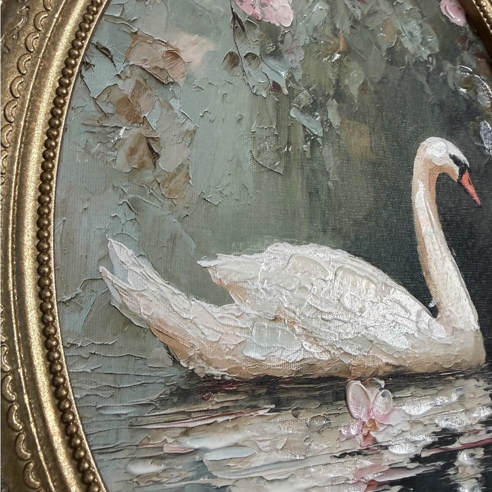 11x14 “lake Swan” Framed Oval glold glittery frame White Swan with Pink Flowers - Picture 10 of 12